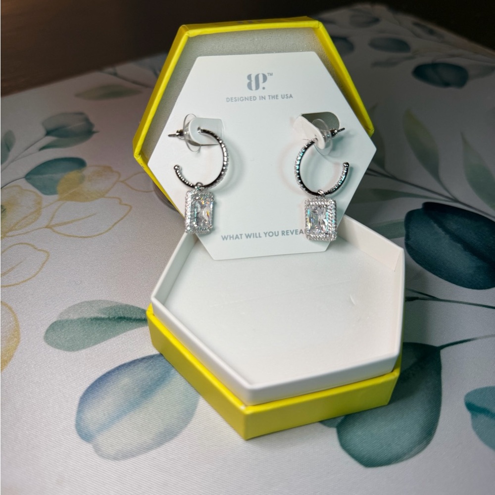 Rectangular CZ Drop Hoop Earrings in Rhodium Plating